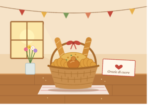 Ringraziamenti 1 Cesto di pane e dolci da forno con un biglietto di ringraziamento.