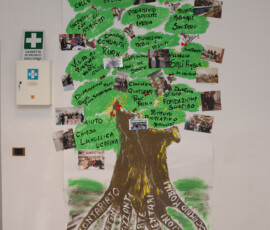 Cartellone rappresentante un albero e foto di persone